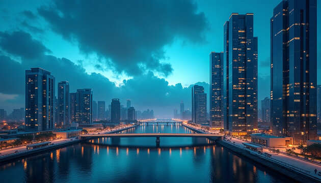 Fototapeta futuristic cityscape at night glass buildings