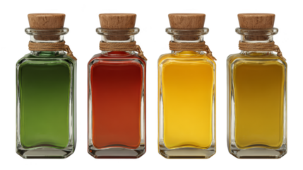 Four of oil bottles, a comparative exploration of culinary, wellness, and essential oils for health beauty.