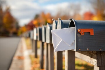 Row of mailboxes with letter in suburban neighborhood