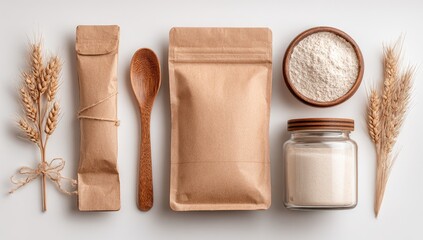 Flat lay of kraft paper food packaging, wooden spoon, flour, and wheat sprigs on white background