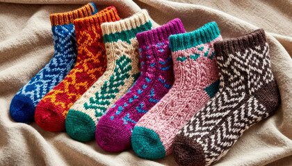 Wool socks with traditional geometric patterns in different colors, laid out in an even layer on soft beige fabric