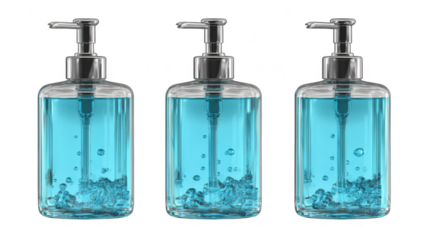Sparkling clean, three bottles of blue liquid soap on display .