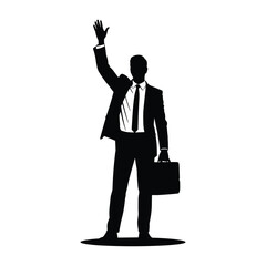 Silhouette of a businessman waving hello while holding a briefcase
