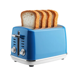 Bright blue toaster toasting slices of bread in a cozy kitchen setting during breakfast time