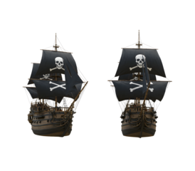 Majestic pirate ship with black sails and skull-and-crossbones emblem, sailing the open seas. Perfect for adventure, nautical, fantasy, or historic maritime themes.

