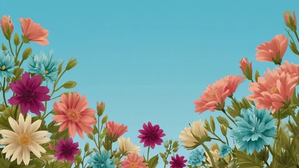 Animation spring summer flowers in a row. Vibrant animated landscape with a bright sunny sky, and cheerful flowers. Perfect for children's content, positive themes, or magical storytelling.