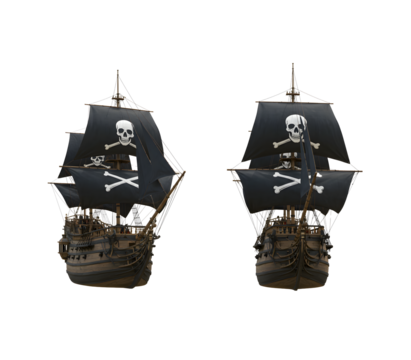 Majestic pirate ship with black sails and skull-and-crossbones emblem, sailing the open seas. Perfect for adventure, nautical, fantasy, or historic maritime themes.

