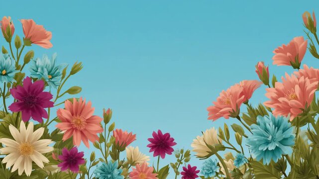 Animation spring summer flowers in a row. Vibrant animated landscape with a bright sunny sky, and cheerful flowers. Perfect for children's content, positive themes, or magical storytelling.