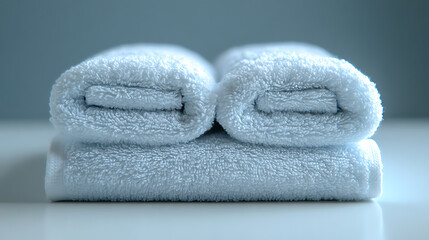 Soft, Folded Light Blue Towels on White Surface