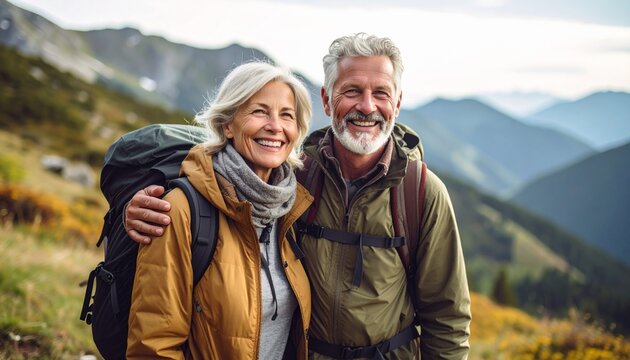 A happy mature caucasian couple enjoying a mountain hike on vacation, spending quality time together in nature