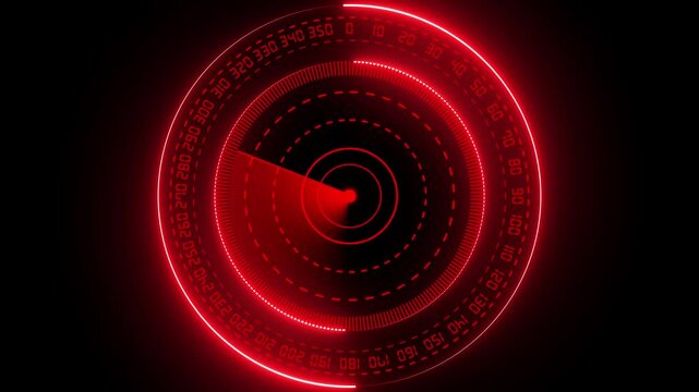 Abstract Digital Hud call Radar screen animation. Radar point to detect enemy position. Glowing red color Rader searching animation on dark background. 