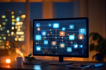 Computer monitor displaying a network of social media icons over a cityscape.