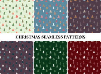 Colorful seamless vector patterns featuring hand drowing Christmas trees. Ideal for festive backgrounds, party printables, gift wrap, digital papers, and seasonal projects