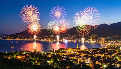 Fireworks over city by lake at night