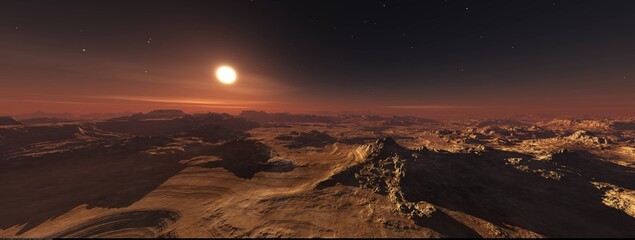 Panorama of Mars at sunset, sunrise above the surface of Mars, Martian landscape, 3d rendering