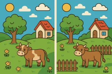 Gardinen Cartoon landscape depicting differences in farm scene for children   © Bay