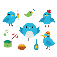 Isolated cheerful blue birds summer party vector illustration; flat design.