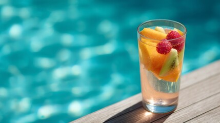 A refreshing drink sits near the shimmering pool. This vibrant beverage filled with colorful fruits brings joy. Perfect for summer vibes or outdoor gatherings. Enjoy a stylish sip. AI