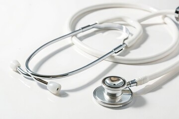 White stethoscope on clean white surface with soft light and clear shadow