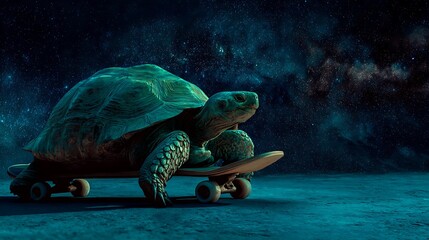 Closeup of green turtle riding skateboard on lunar surface with dark starry night sky background
