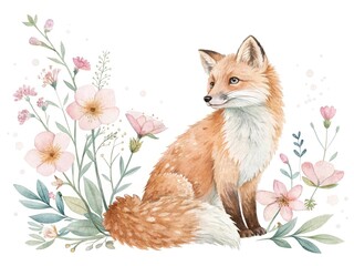 Charming fox in watercolor style, surrounded by gentle florals, perfect for clipart, isolated on white.