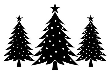 Three black silhouette christmas trees with white dots and stars