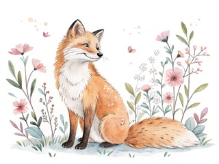 Watercolor fox sitting gracefully among delicate flowers, whimsical and soft, isolated on white background.