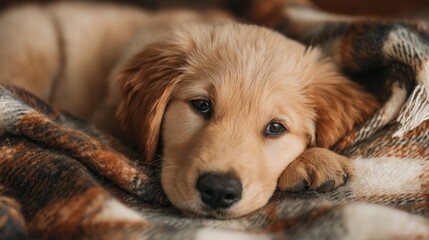 Obraz premium Golden retriever puppy rests comfortably wrapped in a warm blanket indoors during a cozy afternoon