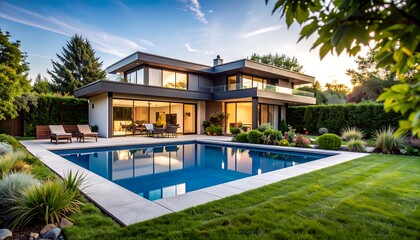 Fototapeta premium Modern home with pool and garden