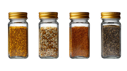 Aromatic spices, four jars filled with colorful seasonings for culinary delights.