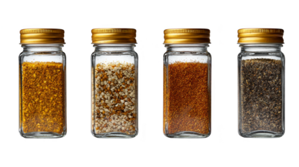 Aromatic spices, four jars filled with colorful seasonings for culinary delights.