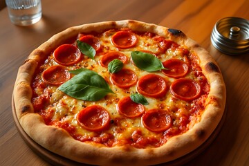 Close up of a freshly baked pepperoni pizza with basil leaves cheese tomato sauce