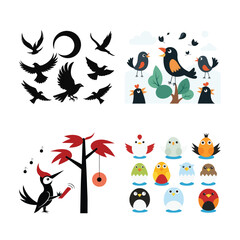 Isolated vector illustrations: playful birds, silhouettes, and cartoon characters; cheerful, whimsical style.
