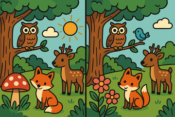 Naklejka premium Cartoon woodland scene with animals for educational game 