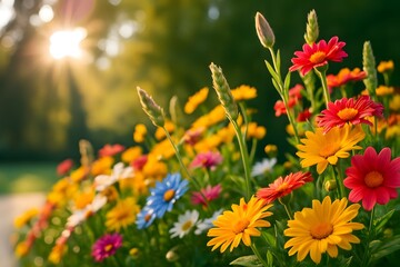 Close up of colorful daisy flowers in sunlight with green foliage background garden