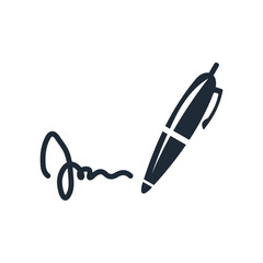 Signing documents, agreements, contracts. Pen with signature. Vector linear icon illustration isolated on white background.