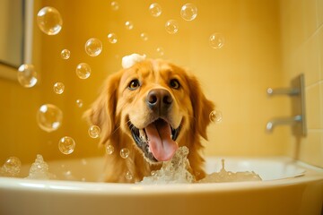 Golden Retriever dog enjoying a bubble bath with water splashing bathing bubbles