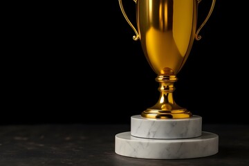 Golden trophy on marble pedestal against black background award winner