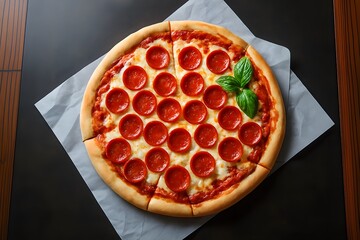 Overhead view of a whole pepperoni pizza with fresh basil leaves food italian food