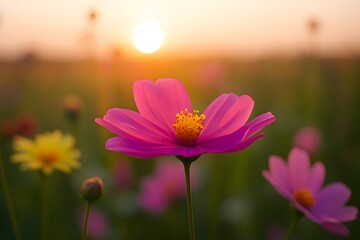 Pink cosmos flower in soft golden sunset light with yellow flower pink flower field