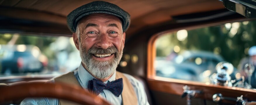 Fototapeta The joyful man in a vintage car radiates warmth and nostalgia.