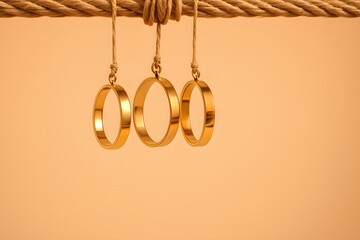 Three golden rings hanging from a thick rope on a peach background wedding rings