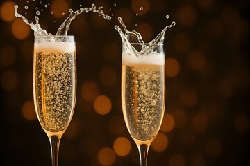 Two champagne flutes with splashing bubbly liquid and bokeh lights celebration toast