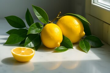 Two bright yellow lemons with green leaves and a halved lemon on a white surface