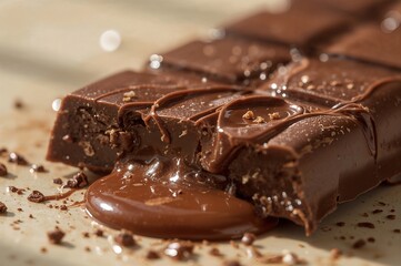 A close up view of a melting chocolate bar with a piece broken off and crumbs around it on a plate
