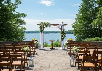 Elegant lakeside wedding ceremony with floral arch and wooden chairs.