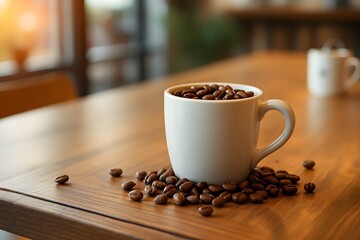 White coffee mug filled with roasted coffee beans on a wooden table white mug