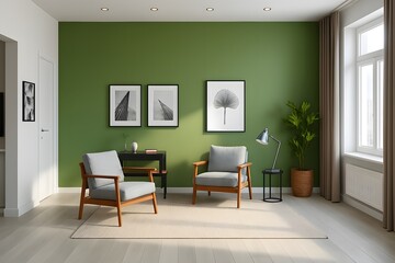 Two grey armchairs with wooden frames on a light rug in a room with green walls living room