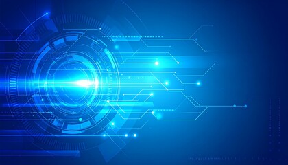 Abstract digital technology graphic.  Dynamic blue circles and circuits.  Light trails and glowing elements