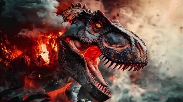 Scary hungry dinosaur with kind eyes and sharp teeth destroying public park